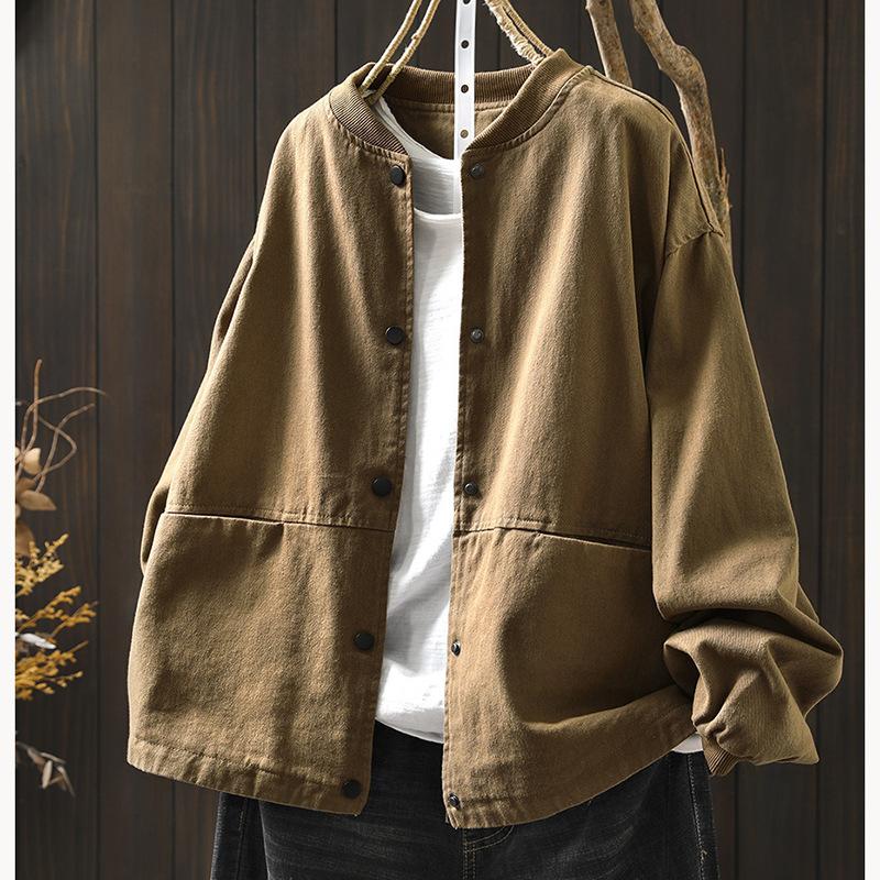 Tooling Baseball Uniform Jacket Women's Short Loose and Thin Spring and Autumn Clothing Large Size Cotton Stand-up Collar Double Pocket Outer Jacket