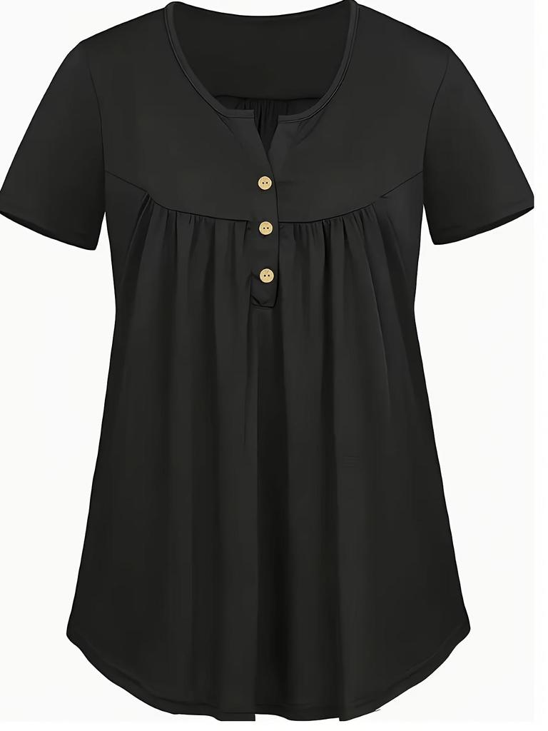 Plus Size Casual Summer T-shirt with Faux Wood Buttons - European and American Loose Fit Women's Top