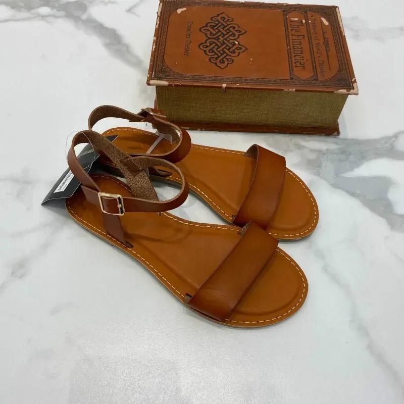 Fashion Leather Sandals for Women Flat with Summer Shoes Woman Retro Solid Round To Comfortable Casual Anti Skidding Beach Sandalias