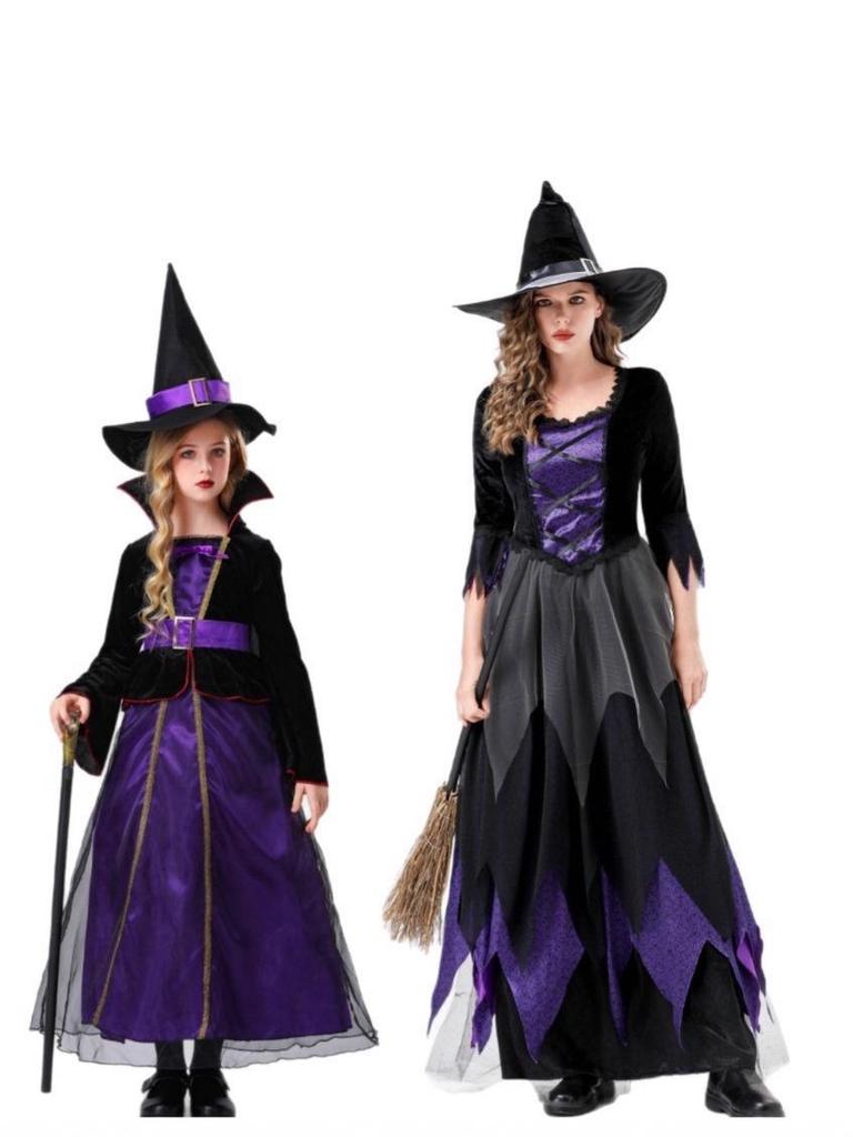 Schwarz-Violettes Hexen-Vampir-Kostüm für Erwachsene und Kinder - Perfekt für Halloween und Bühnenauftritte