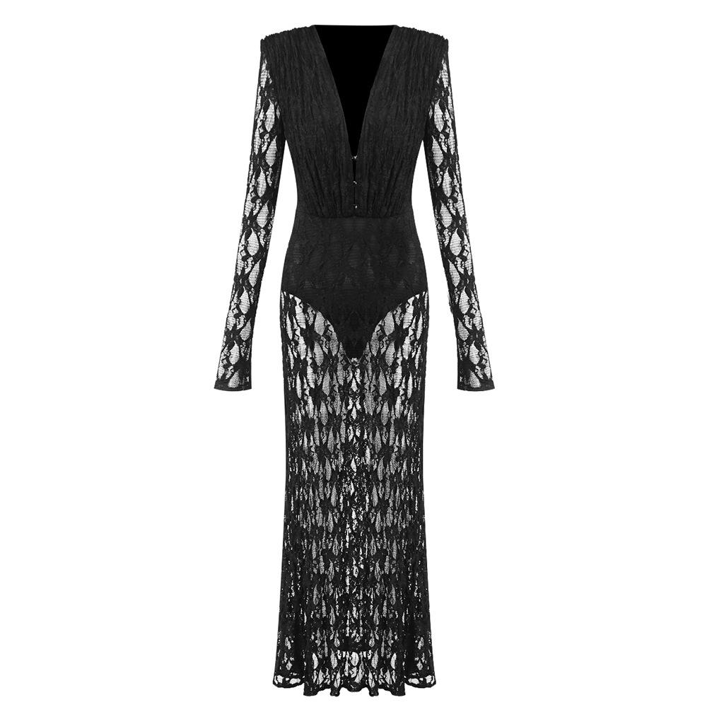 

Autumn Winter French Lace Long Sleeve Evening Gown - Sexy European American Style XS чёрный