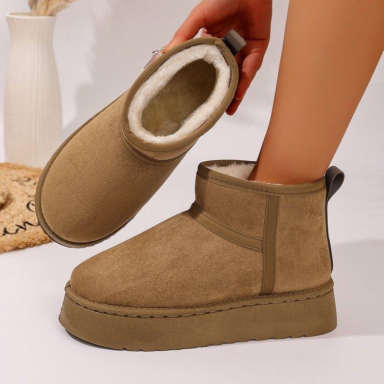 Tykke Plysj Plattform Snøstøvler Dame Vinter Hold Varm Pels Bomullsko Kvinne Faux Semsket Skinn Slip-On Ankel Botas Polstrede Sko