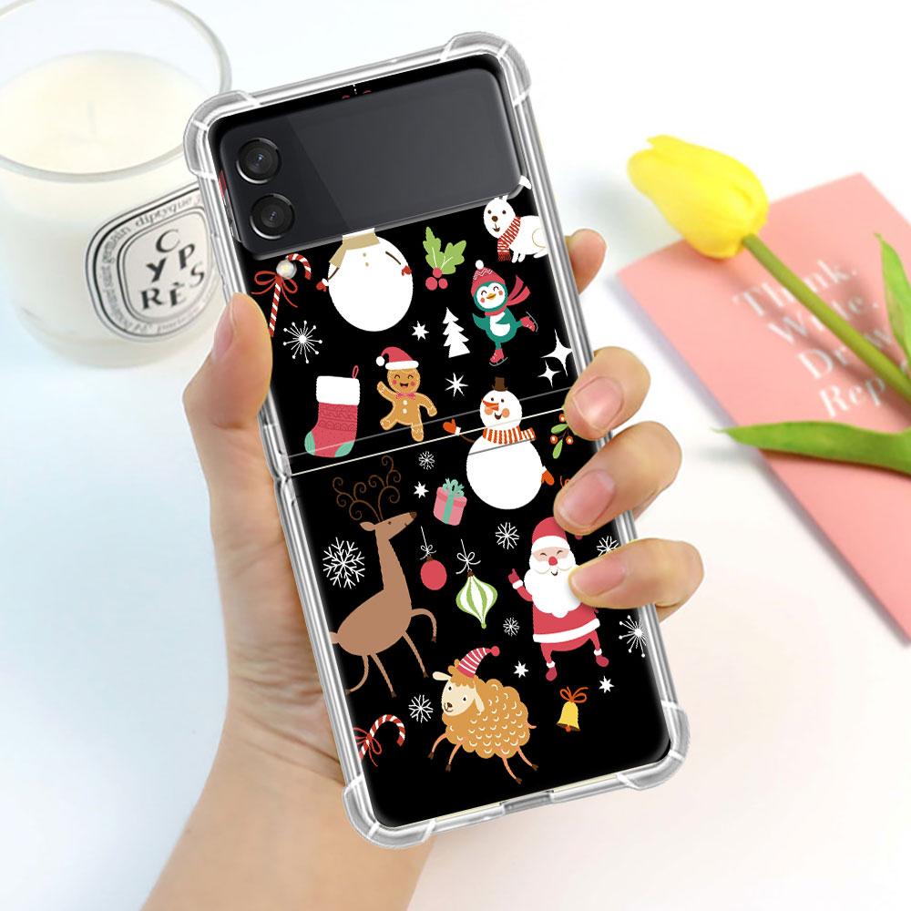 Luxury Case For Samsung Galaxy Z Flip 3 4 5G Funda Z Flip3 Clear PC Hard Shockproof Back Phone Shell Snowman Christmas Cartoon