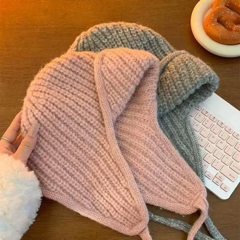 Knitted Hat Women's Autumn and Winter Face Small Lace-up Headgear Wool Flying Hat Versatile Ear Protectors