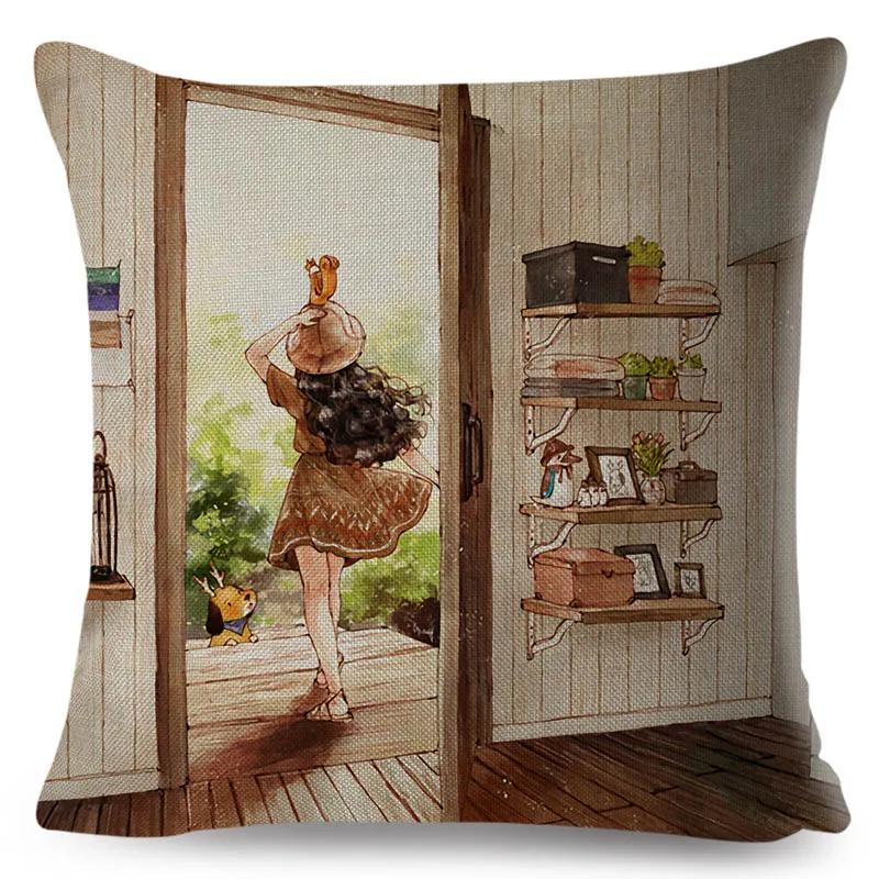 Colorful Cute Cartoon Girl and Pet Dog Fairy Tale World Pillowcase Decor for Sofa Home Pillow Case Polyester Cushion Cover