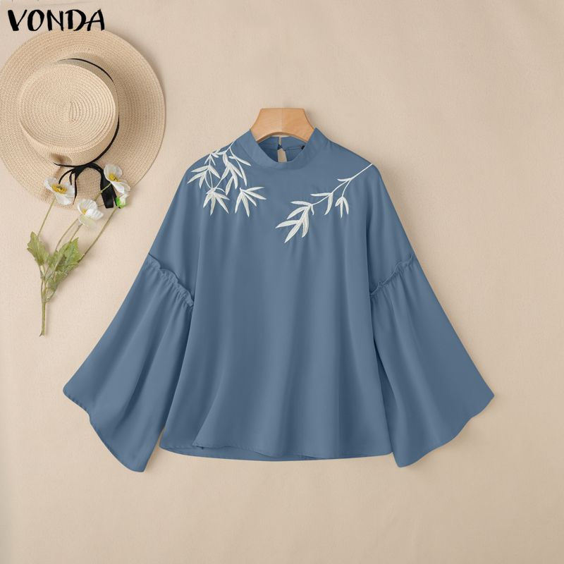 VONDA Damen Stehkragen Langarm Schlagarm Stickerei Elegant Lässig Bluse