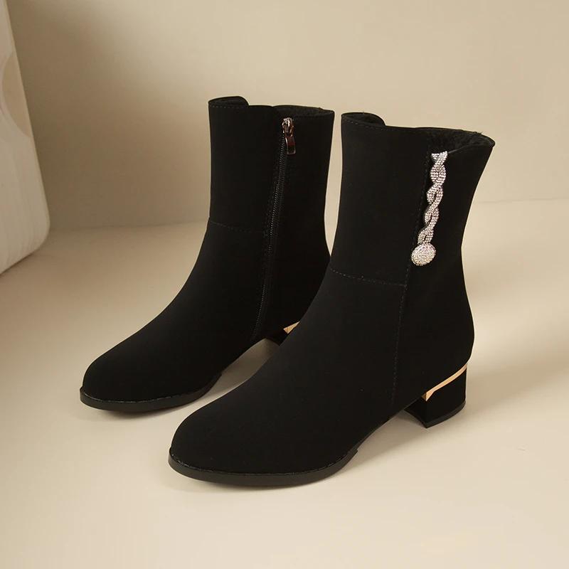 Women Crystal Ankle Boots Mid Heels Suede Shoes Winter Brand New Fad Gladiator Casual Shoes Luxury Trend Snow Botas Mujer