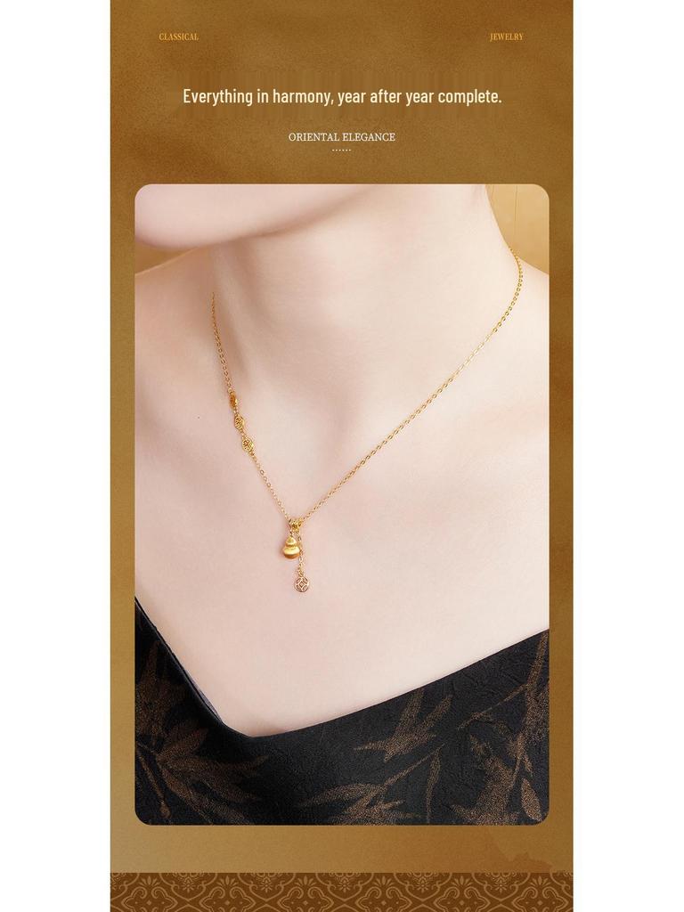Sterling Silver Fu Character Copper Coin Gourd Pendant Necklace – Women's Wealth-Attracting Clavicle Chain