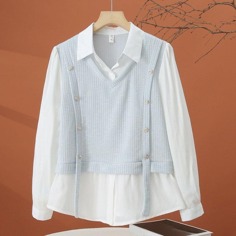 Women s Fake Two-piece Shirt Splicing Contrasting Turndown Collar Button Decoration Lady Shirts Spring New Trend Famale Top M синий