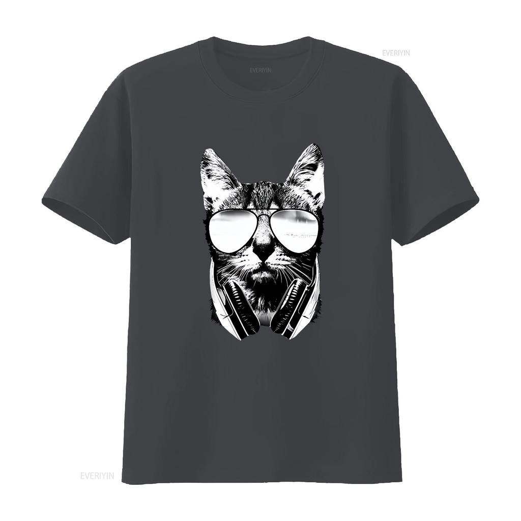 Gravity Trading Mens Cool DJ Cat Solar Color Changing T Shirt Sun vintage Washed Slightly designer clothes Versatile Unisex