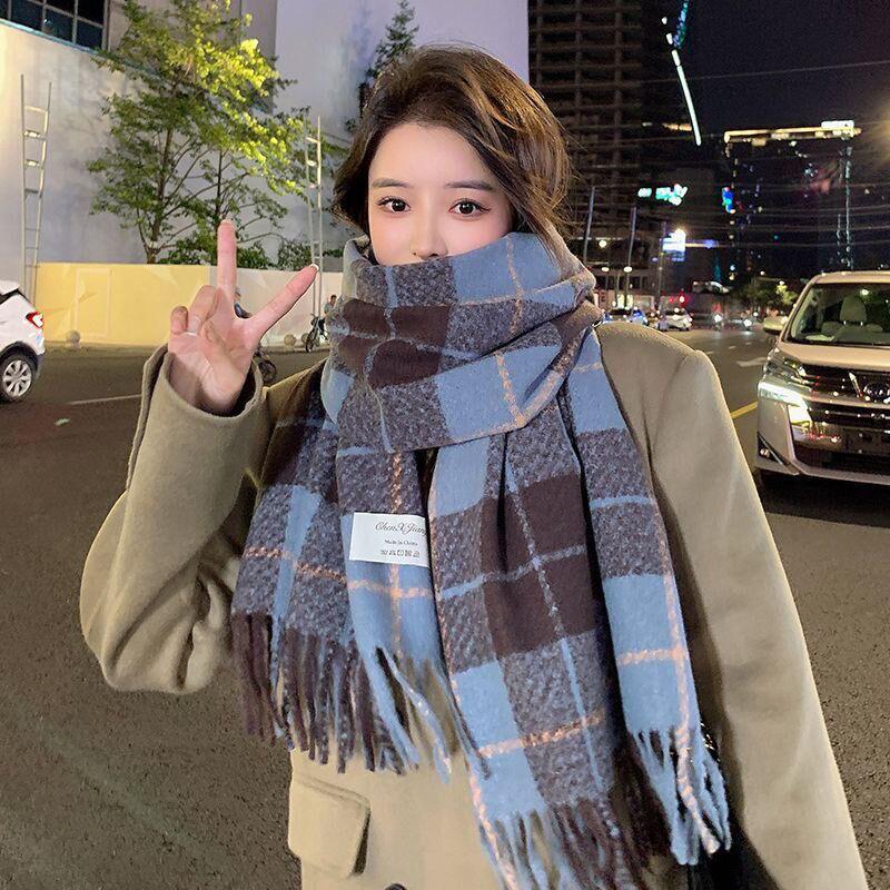 Korean Style Plaid Mohair Scarf - Women's Winter Imitation Cashmere Shawl