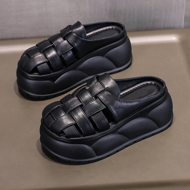 

Soft leather woven bag head half slippers women s 2025 summer new muffin thick bottom height increase small wear cool slippers 39