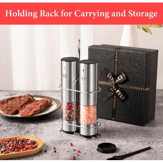 Rechargeable Electric Salt and Pepper Grinder Set with Holder - Nicely Packaged Giftable - No Battery Needed - Automatic Pepper Mill & Adjustable