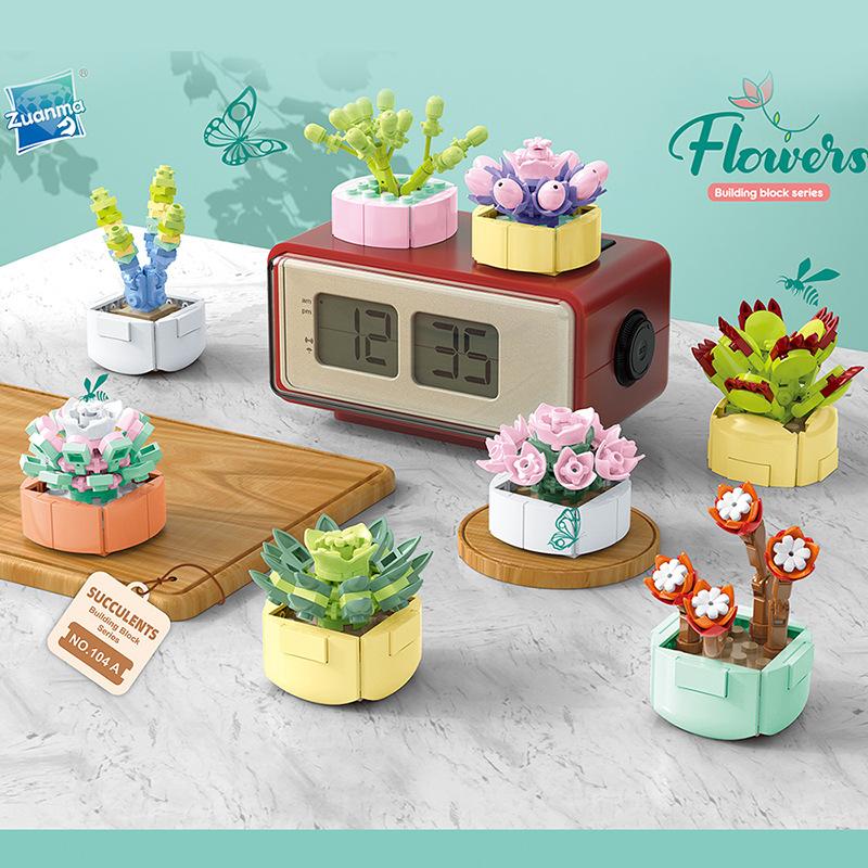 Children'S Educational Small Particle Mosaic Building Block Flower 104 Series 32 Potted Plant Simulation Rose Succulent Building Block Toy