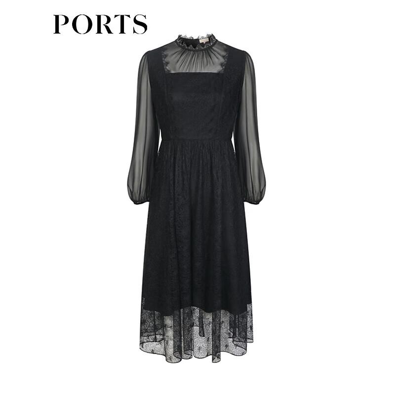 PORTS Women's Mesh Pleated Long Sleeve V-Neck Dress