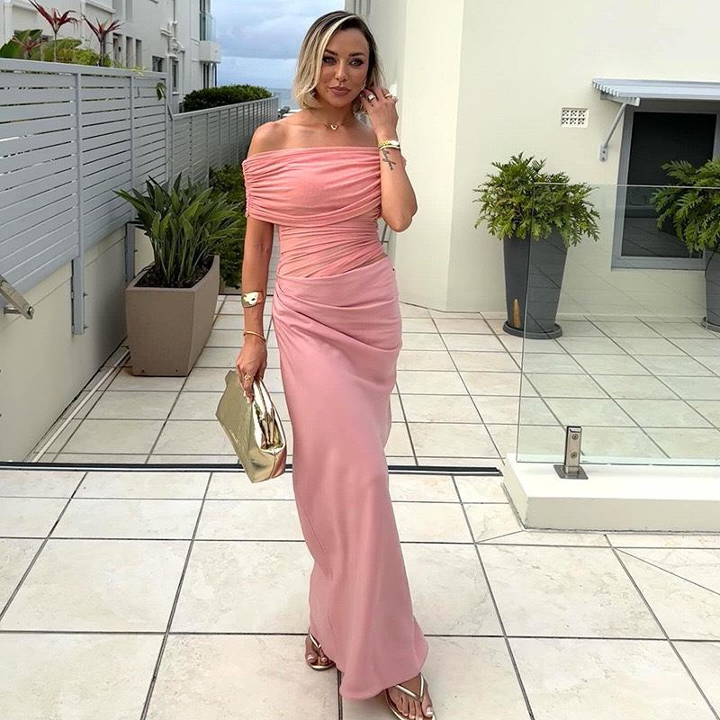 Ruched Irregular Dress Women Mesh Patchwork Slash Neck Short Sleeve Skinny Stretch Trend Elegant Long Bodycon Outfits