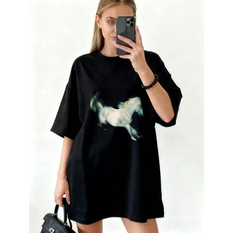 Oversized T Shirt Dress Black Horse Print Casual Streetwear Fashion Women Summer Outfit