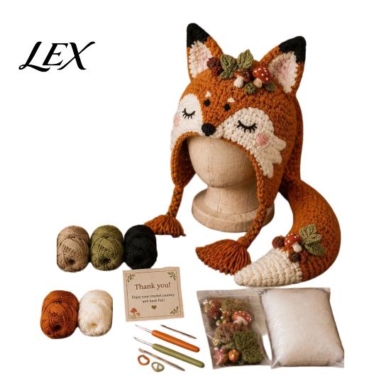 Family Craft Night Activities Animal Hat Crochet Kit, Fantasy Hood DIY Cute Ergonomic Tool Set Unicorn Fox Frog Earflap Crafting Kit for Adults Teens