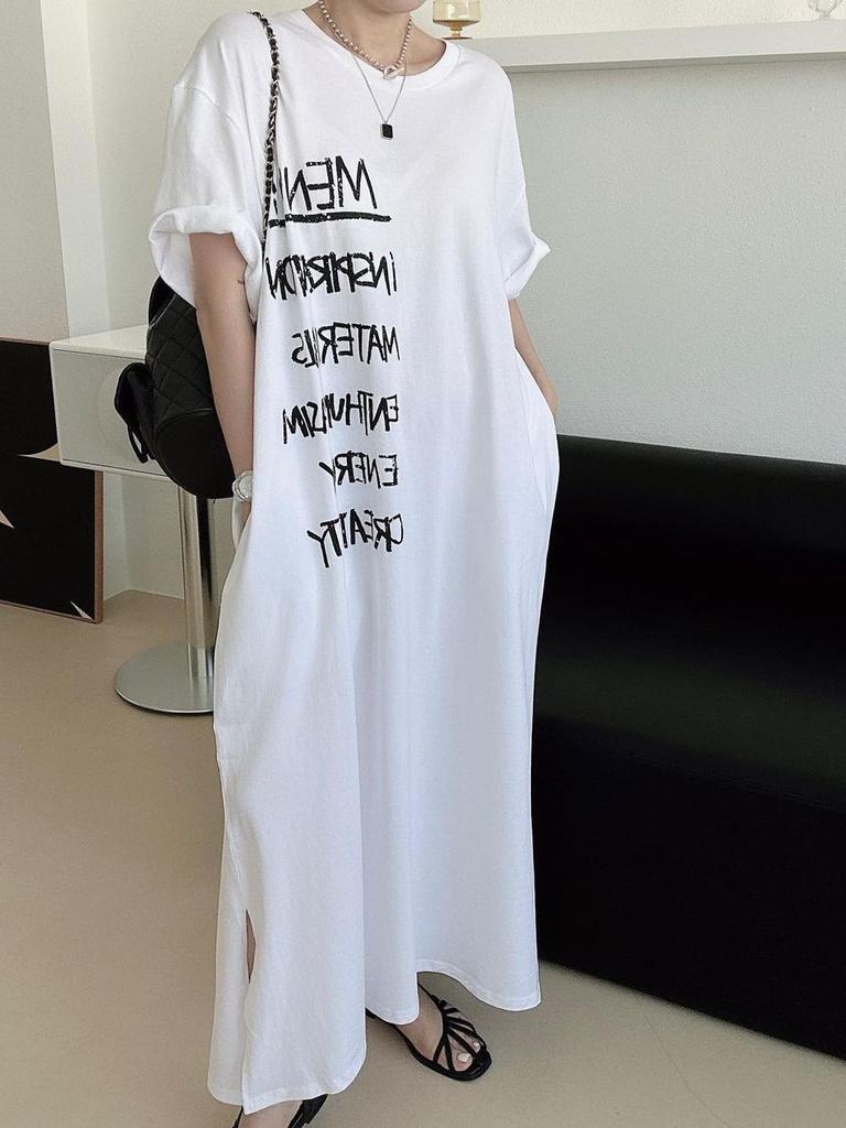 Women Summer Shirt Dress Round Neck Short Sleeve T-Shirt Dress Loose Letter Printing Long Dresses