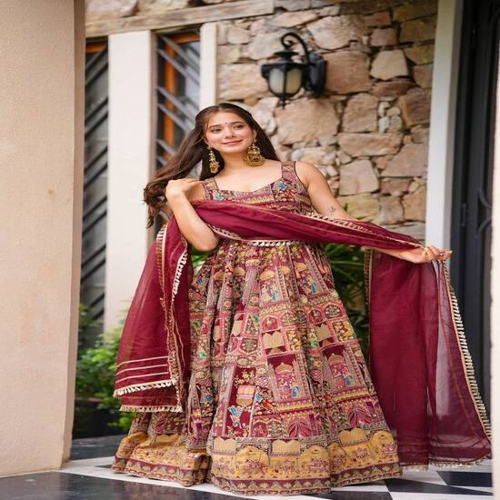 Maroon Multi-Print Traditional Lehenga Set with Dupatta