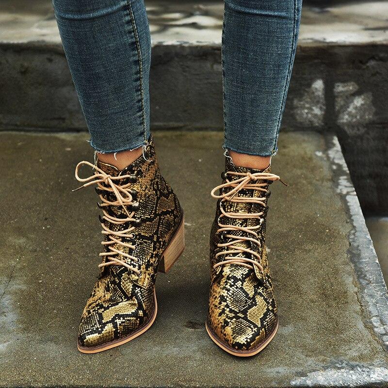 Plus rozmiar botki dla kobiet platforma moda kobiety kwadratowy obcas serpentyn buty sznurowane buty szpiczasty nosek buty na co dzień