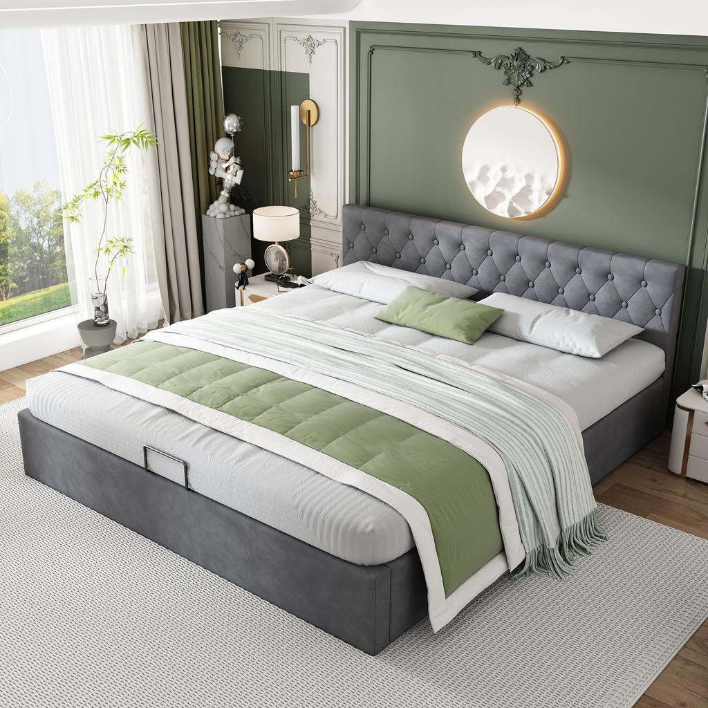 Velvet Upholstered Bed, 180*200cm, Buttoned Headboard, Double Bed, Hydraulic Bed with Storage, Slatted Frame, Gray[OLD SKU:29775960AAH]
