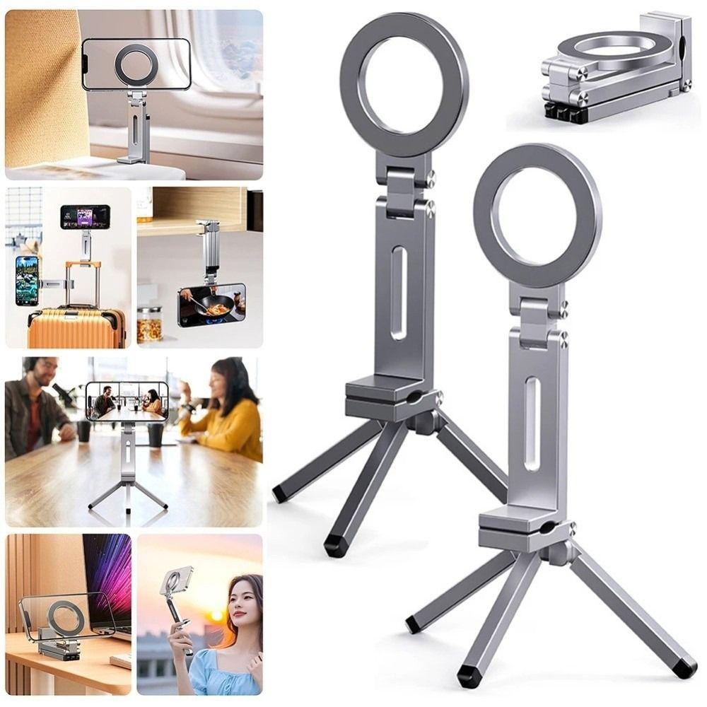 Foldable Magnetic Phone Tripod Holder 360° Rotation Desk Phone Clip Bracket Desk Plane Train Use