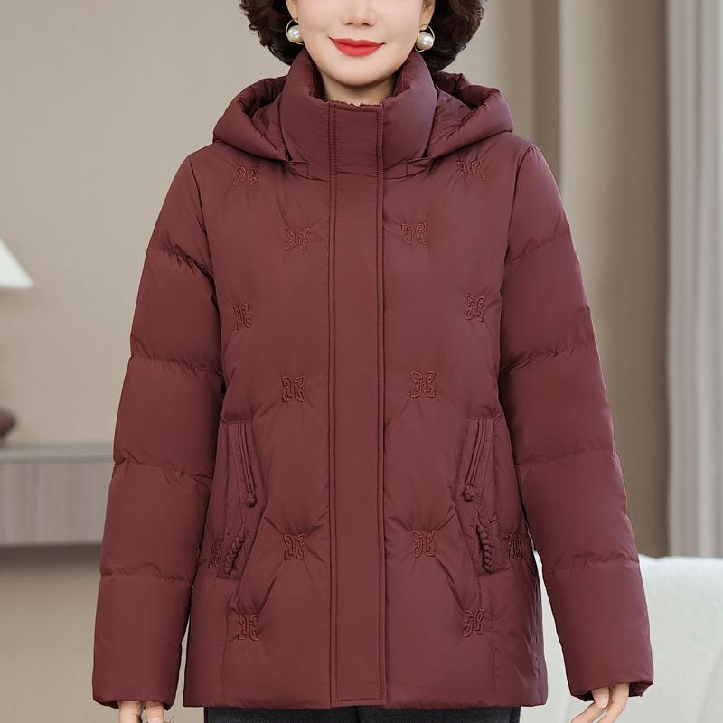 Jachetă Puf Scurtă pentru Femei de Vârstă Mijlocie Mărimi Mari XL-6XL Îmbrăcăminte Exterioară de Iarnă cu Glugă Elegantă Broderie Groasă Caldă Jachete de Puf