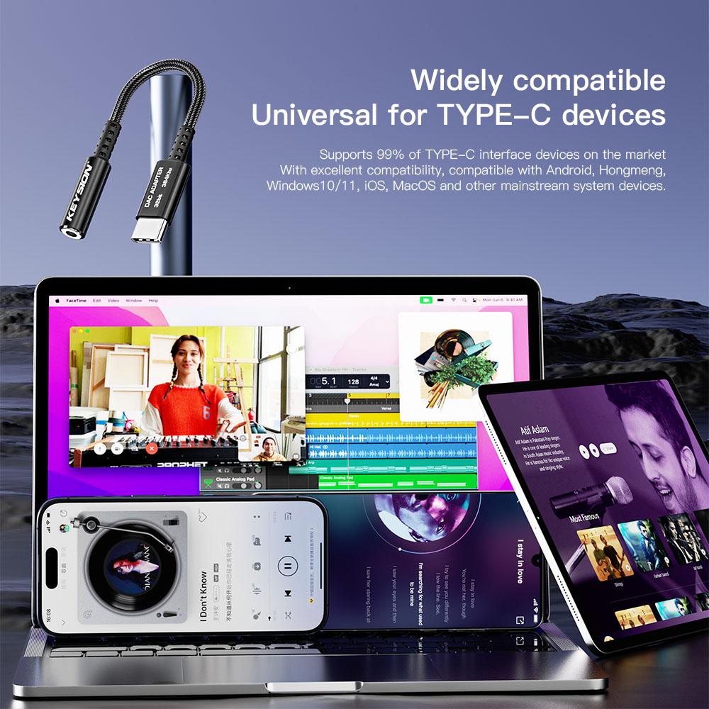 KEYSION Adjust EQ Type-C To 3.5mm USB DAC Audio HiFi Decoder 32bit/384kHz ADC 48kHz HD Headphone Amplifier for Android iOS Win10