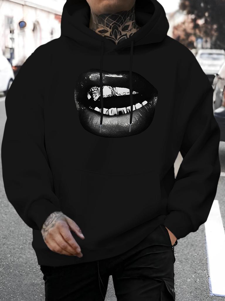 unisex New Fashion Street Retro Lips Letter Print Casual Sweatshirt Fashion Drawstring Hooded Autumn And Winter Top Comfortable Versatile Long-Sleeved