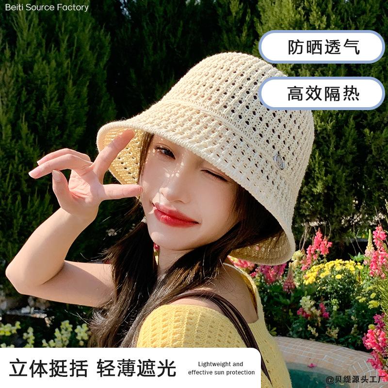 

New hat women s spring and autumn fashion knitted sweet bucket hat summer hollow bucket hat sunshade sunscreen hat One Size