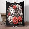 Tigers Surrounded By Vibrant Roses Pattern Blanket Flannel Material Soft Warm for All Seasons, Home Outdoor Camping Picnics RV