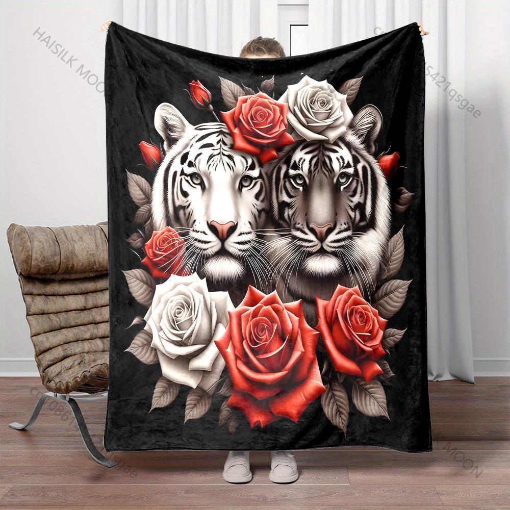 Tigers Surrounded By Vibrant Roses Pattern Blanket Flannel Material Soft Warm for All Seasons, Home Outdoor Camping Picnics RV