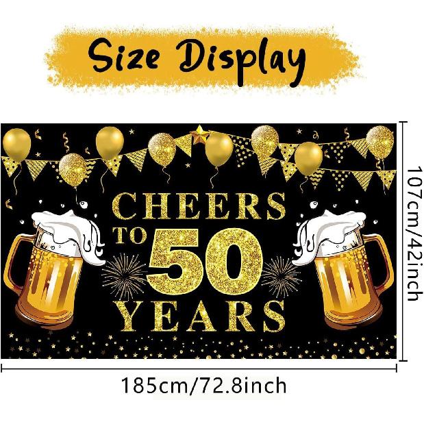 Lnlofen Cheers to 50 Years Banner Backdrop, Black Gold Happy 50th Birthday Decorations, 50 Anniversary Banner Poster Sign Party Supplies (72.8 x 43.3