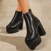 British Style Side Zipper High Heel Boots Street Style Chunky Heeled Ankle Boots for Women Leather Black Thick Bottom Botines