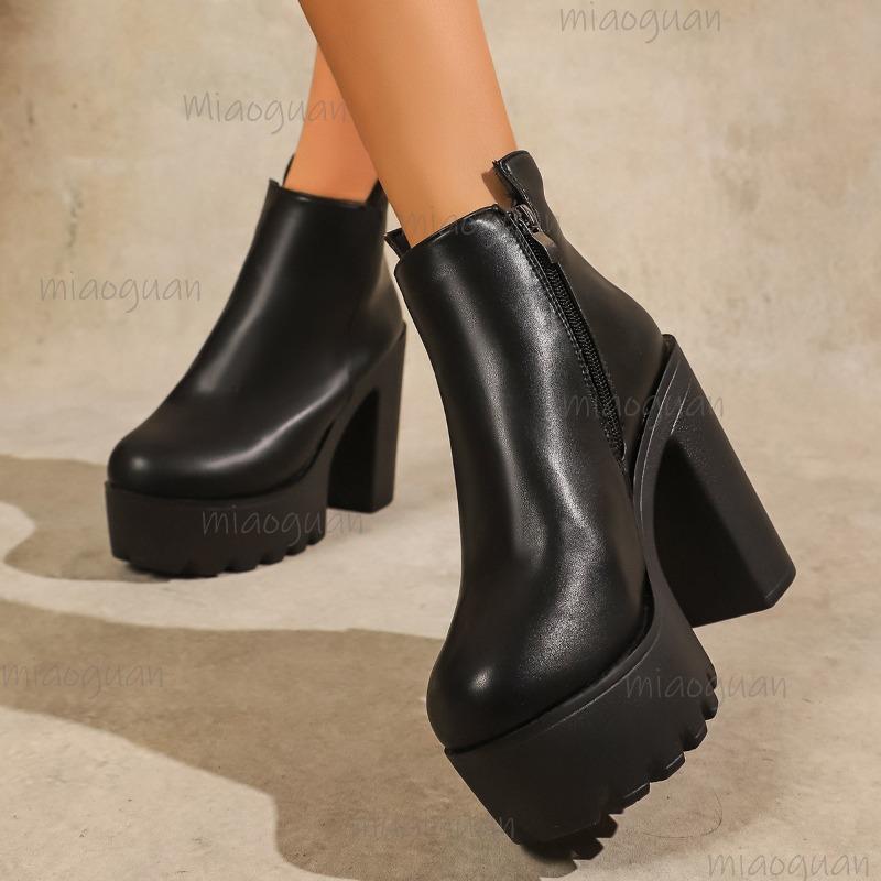 British Style Side Zipper High Heel Boots Street Style Chunky Heeled Ankle Boots for Women Leather Black Thick Bottom Botines