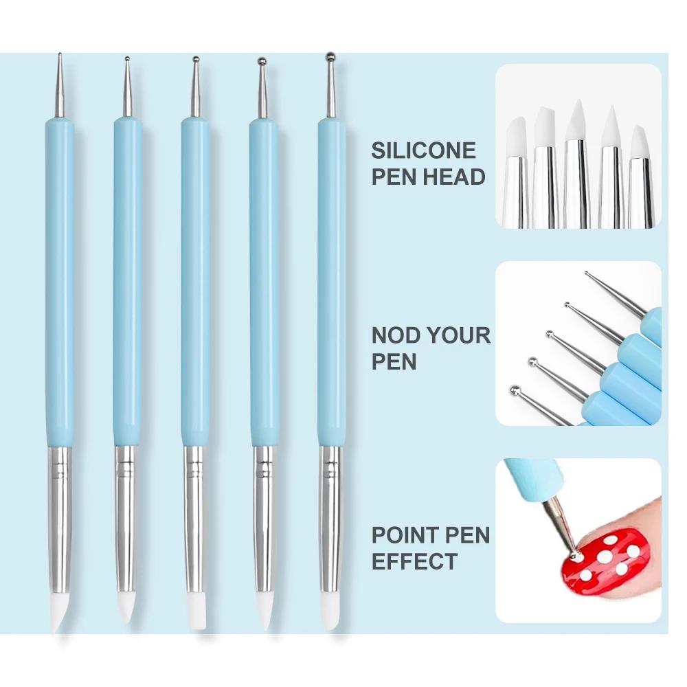 5Pcs/Set Silicone Clay Sculpting Nail Art Silicone Pen Dual Head Embossing Brush UV Gel Dotting Painting Pen Nail Drawing Tools