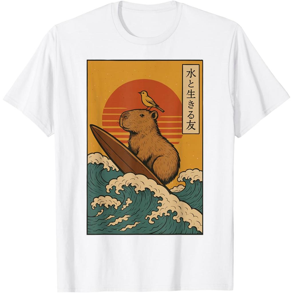 Capybara Surfing Japanese Ukiyo Style Graphic Cotton T-Shirt Casual Unisex's Tee