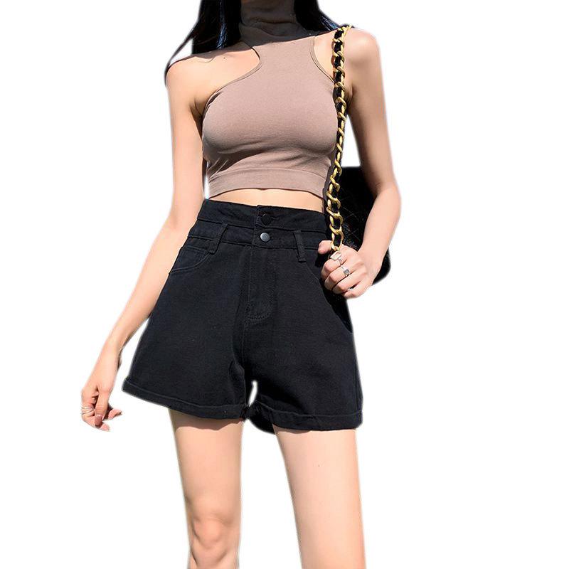 Women's High-Waist Denim Shorts - Rolled Hem, Double Button, A-line, Summer Wide Leg