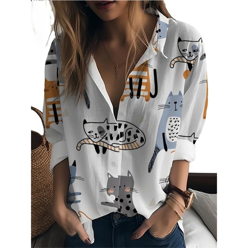 Spring And Summer Women's Large Size Lapel Shirt Abstract Pattern Printed Shirt Daily Casual Long Sleeve Shirt Fashion Women's