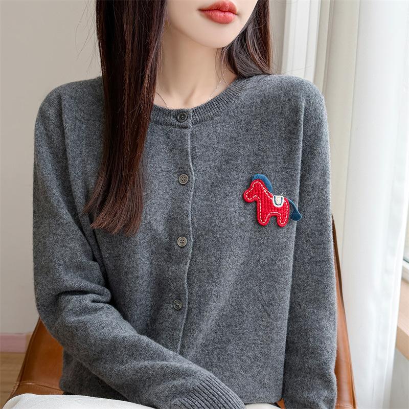 Damen Rundhals Langarm Pony Design Strick Cardigan Pullover Oberbekleidung