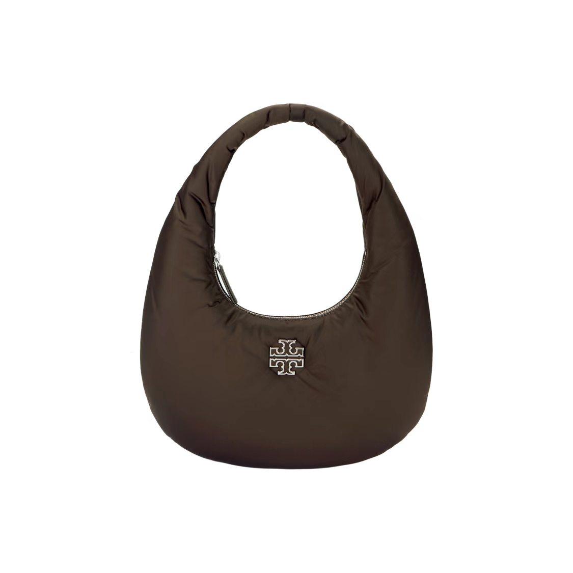 

Tory Burch Britten Metallic Logo Pleated Design Nylon Cloud Moon Bag Women Handbag Brown 159501-616 Basic Set (Bag+Dust Bag)