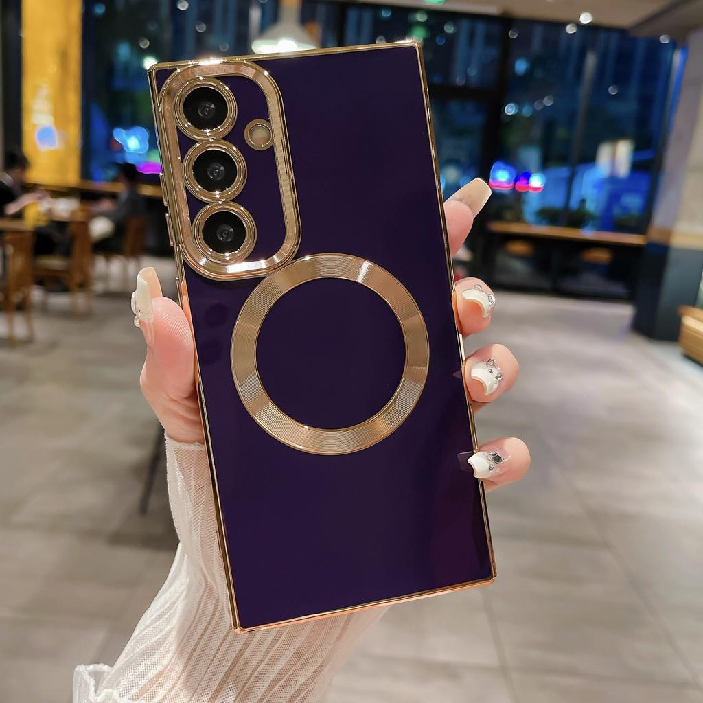 Suitable for Samsung S24Ultra Mobile Phone Case Square Solid Color Electroplating Magnetic Suction S21FE Anti-drop Mobile Phone Case