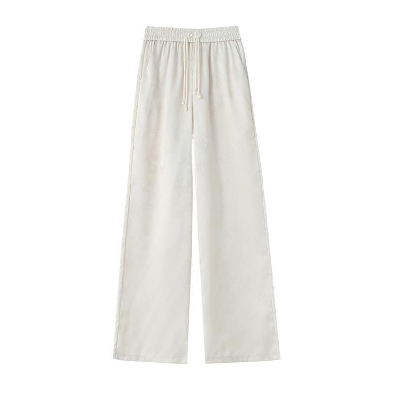 Chinesischer Stil, Imitation Satin-Textur, Plissierte Weiter Beinte Hose Für Damen, Neues Design, Einzigartig, Hoher Bund, Schlankmachend, Lässig, Bodenlange Hose.