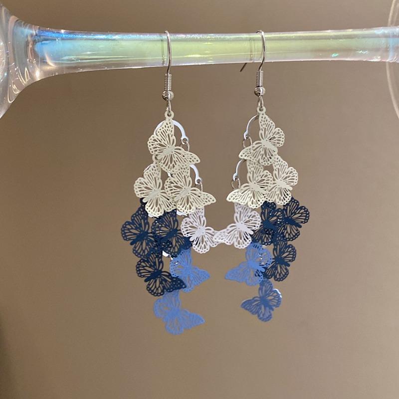 biu boom blue and white hollow butterfly fringed earrings Korean exquisite design artistic life beautiful earrings