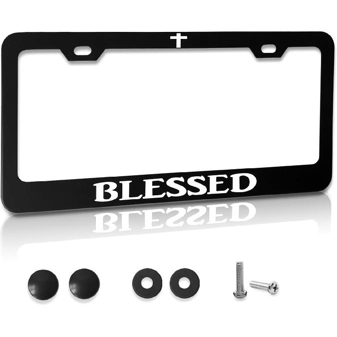 Funny Metal Aluminum License Plate Frame With Humor Texts Blessed Christian Black Car Cover Tag Holder Decoration With 2 Holes And Screws For Women