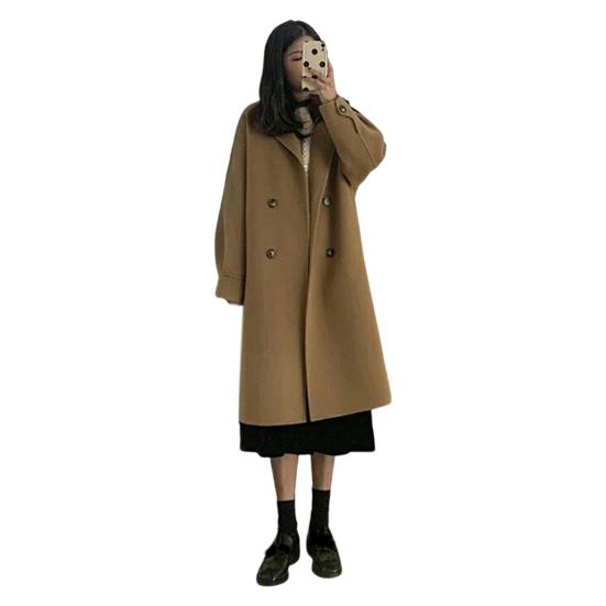 Cappotto invernale da donna, con colletto rovesciato, tasche, tinta unita, doppiopetto, spesso, vestibilità ampia, termico, a maniche lunghe, per pendolari e appuntamenti