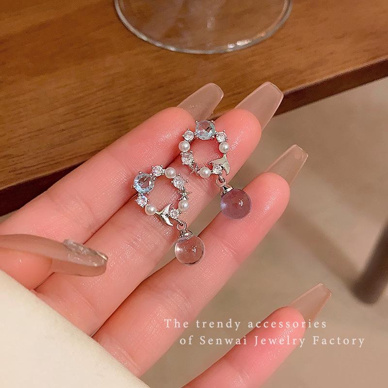 Super fairy fish tail zircon pearl earrings women s design stud earrings retro earrings