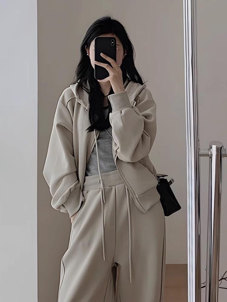 Women's Autumn/Winter Fashionable Casual Sportswear Set: Velvet Hooded Sweatshirt with Wide-Leg Pants Two-Piece