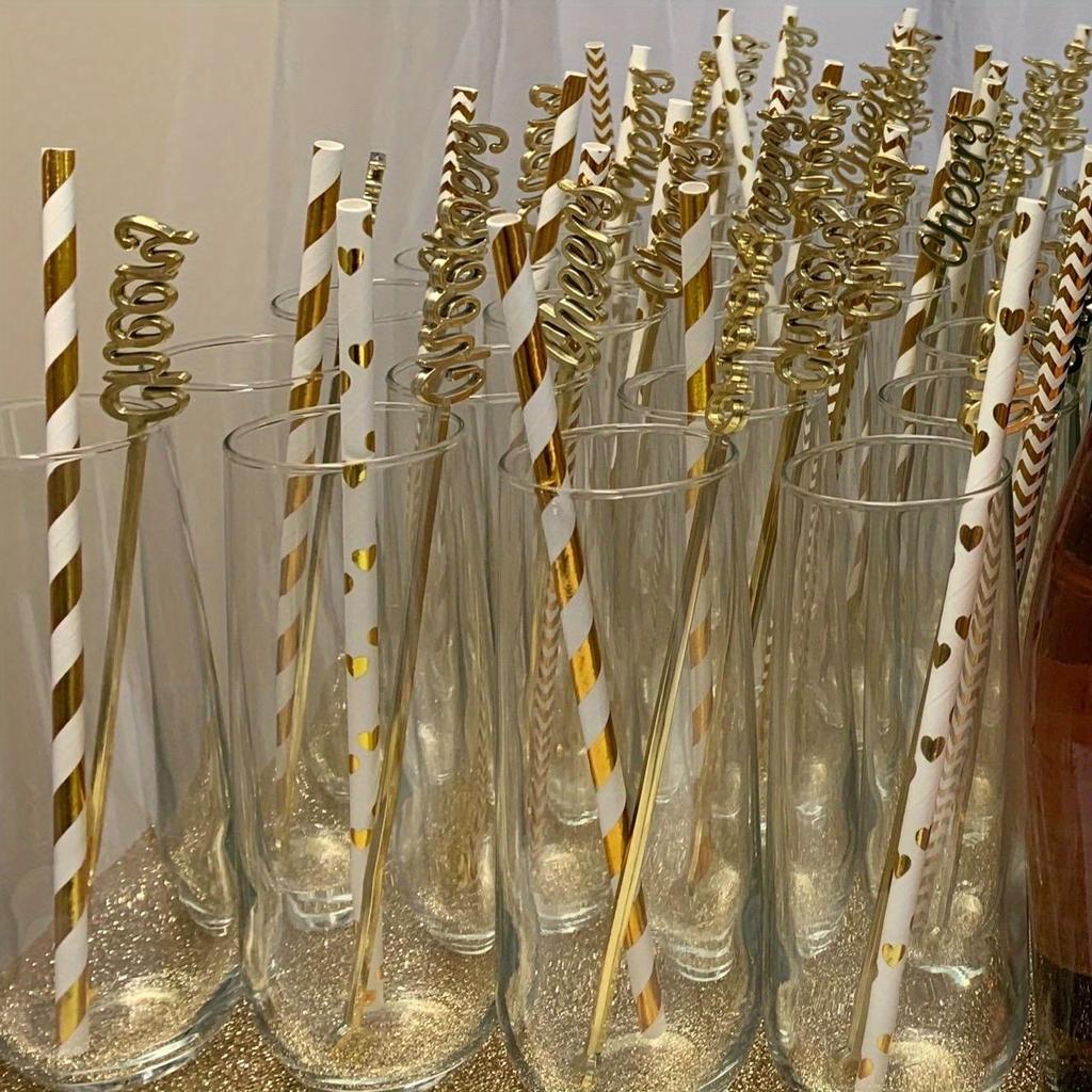 50pcs Golden Foil Paper Straws Biodegradable Striped Wave Polka Dot Disposable Drinking Straws For Party Wedding Birthday